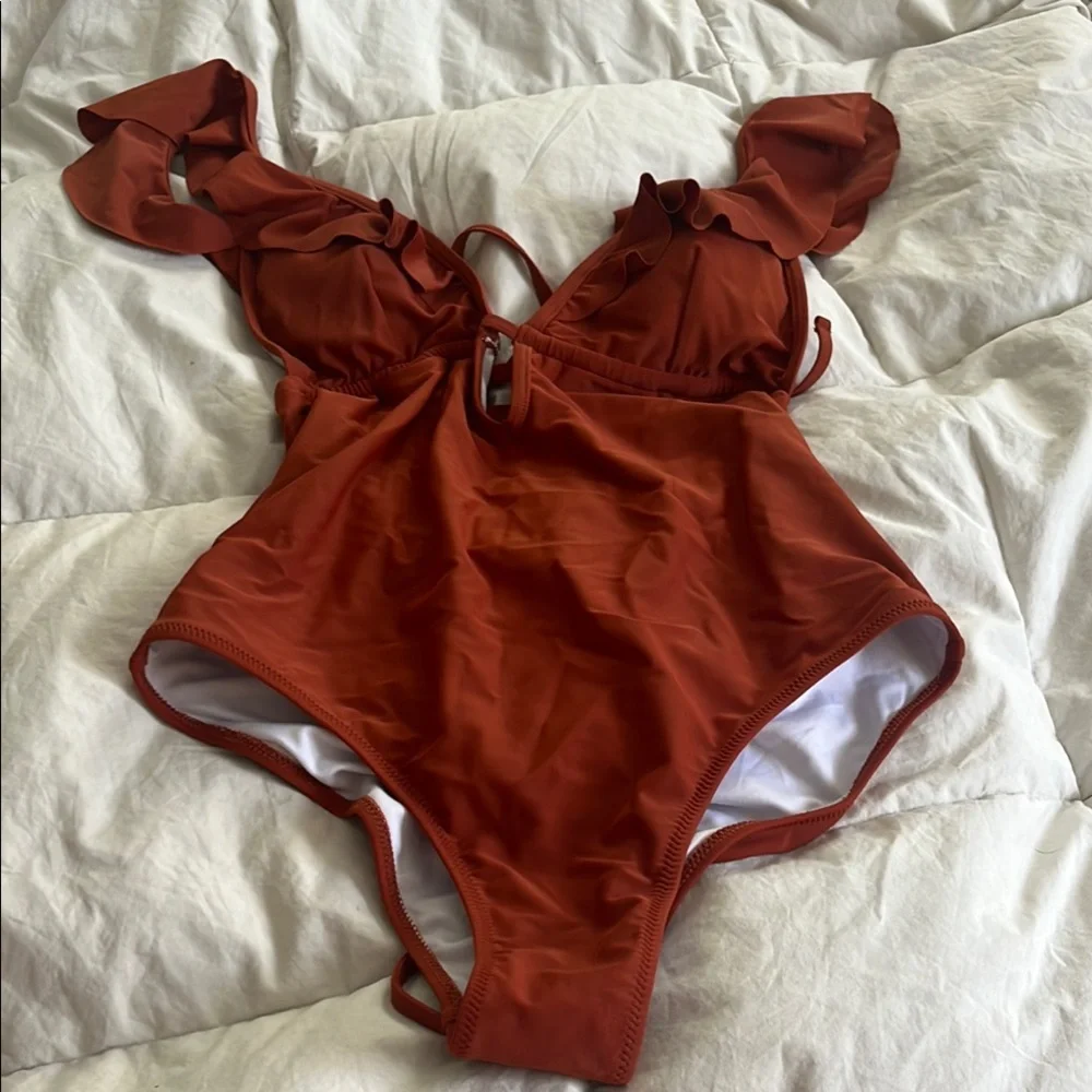Chic Rust Swimsuit with Ruffle Accent - Picture 1 of 8